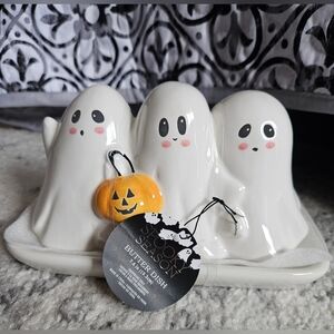 Ghosts Ceramic Butter Dish with Pumpkin Accents Halloween
